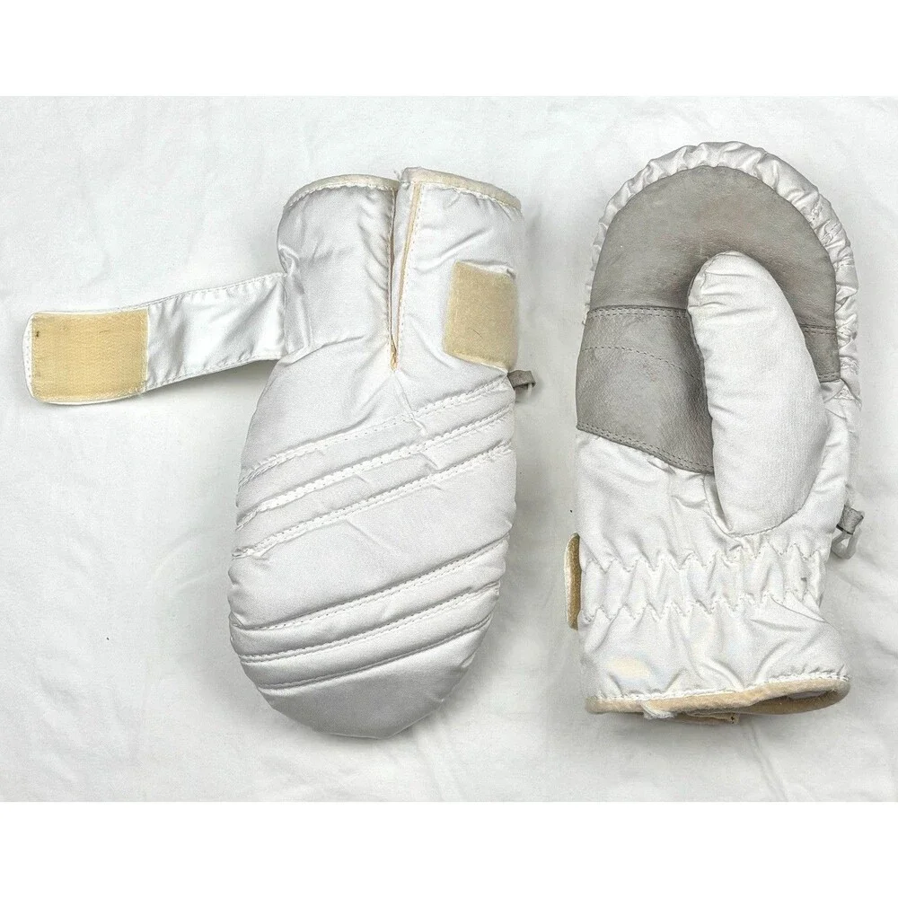 Vintage Girl’s Obermeyer Ski Mittens XL Leather Palm Gloves Off White